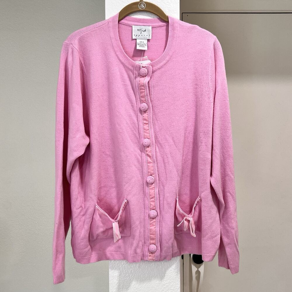 Vintage Vision Cardigan 2X Pink Bow Ribbon Crochet Coquette Grandma Soft Girl